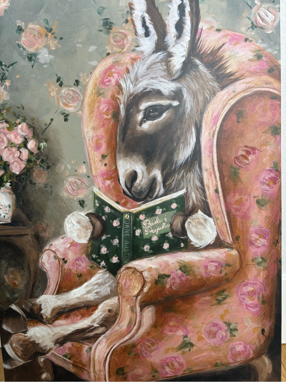 Canvas Print Donkey Reading Pink Floral Armchair